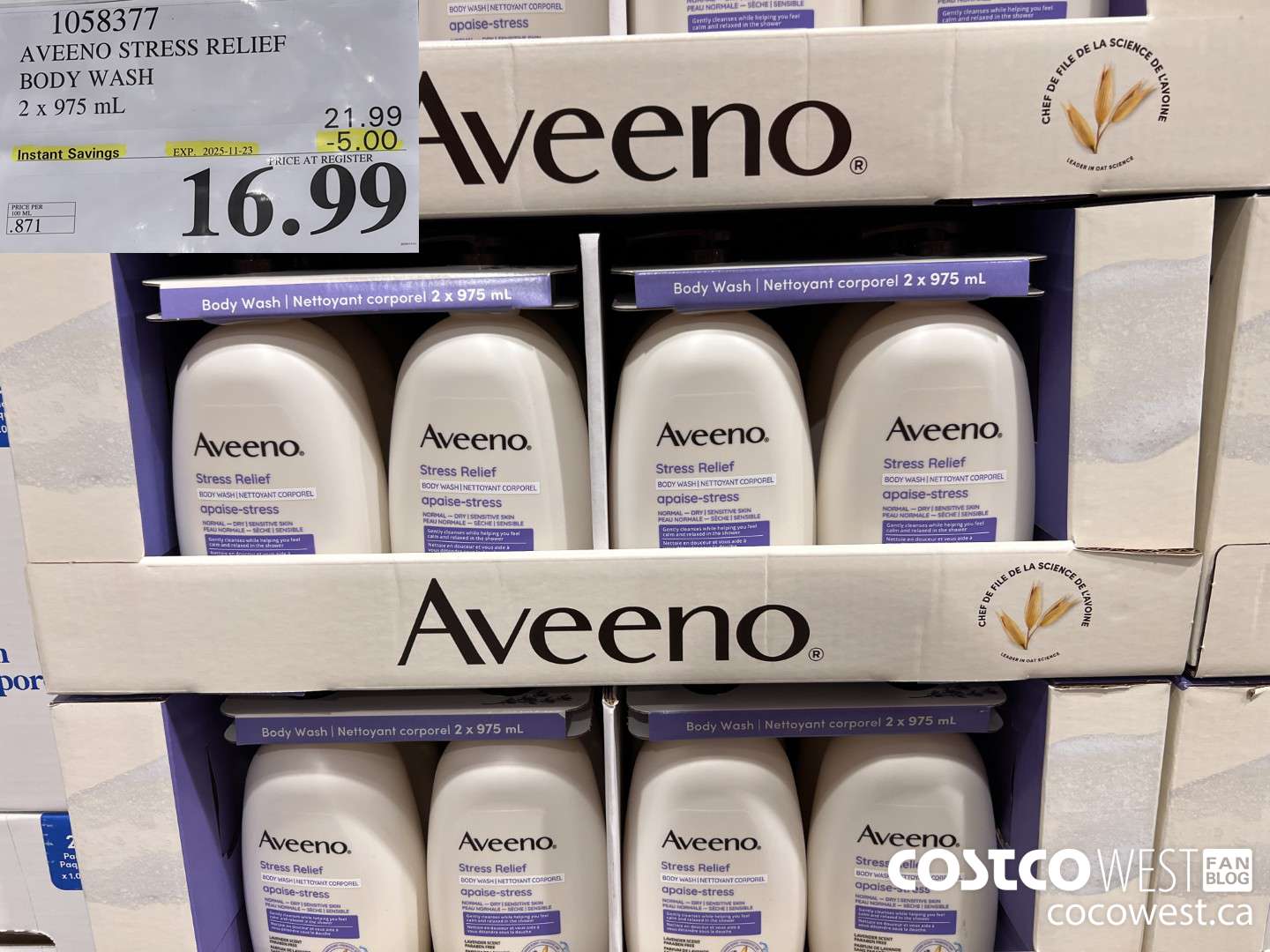 1058377 AVEENO STRESS RELIEF BODY WASH 2 X 975 ML ($5.00 INSTANT SAVINGS EXPIRES ON 2025-11-23) $16.99