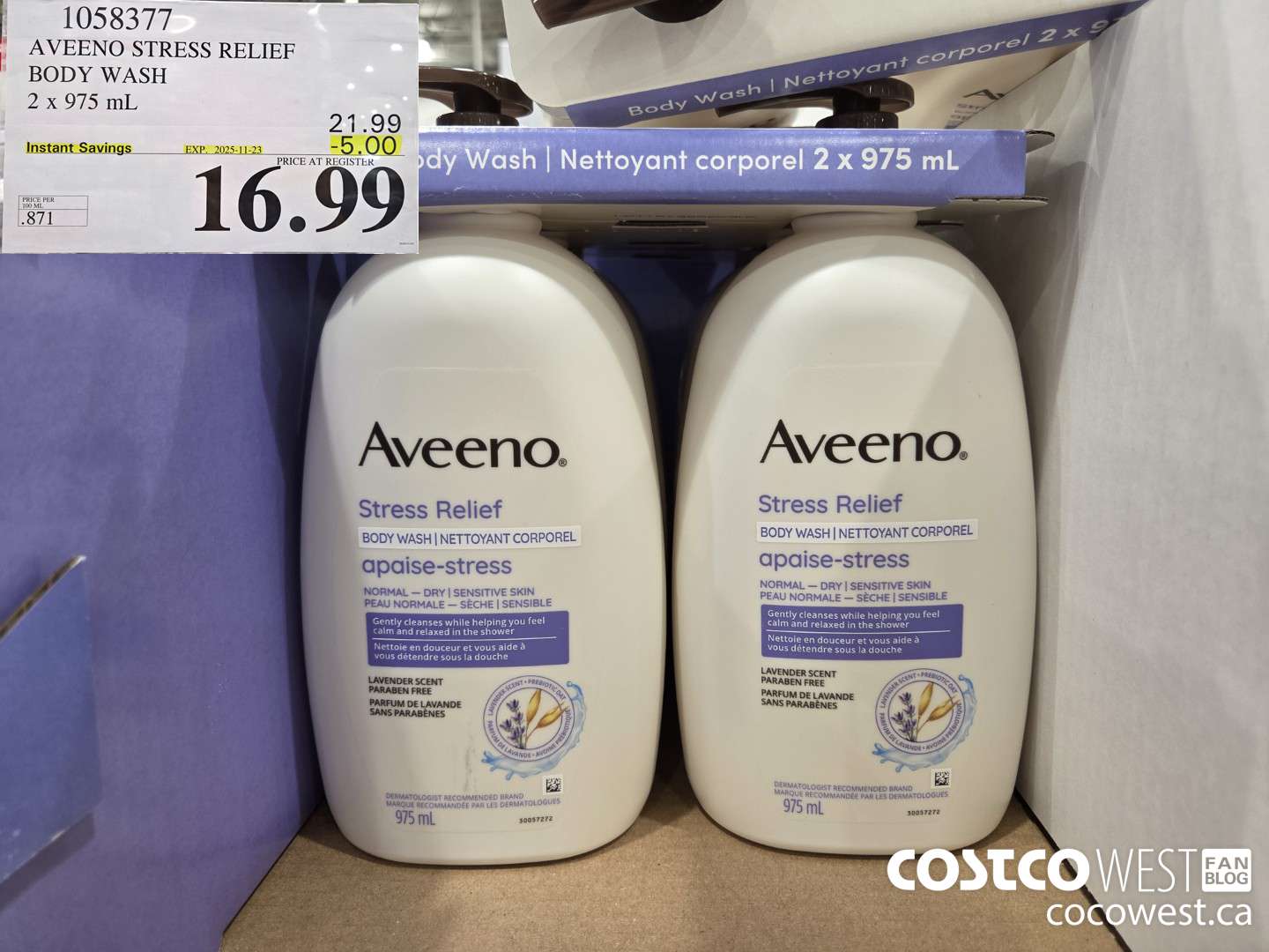 1058377 AVEENO STRESS RELIEF BODY WASH 2 X 975 ML ($5.00 INSTANT SAVINGS EXPIRES ON 2025-11-23) $16.99