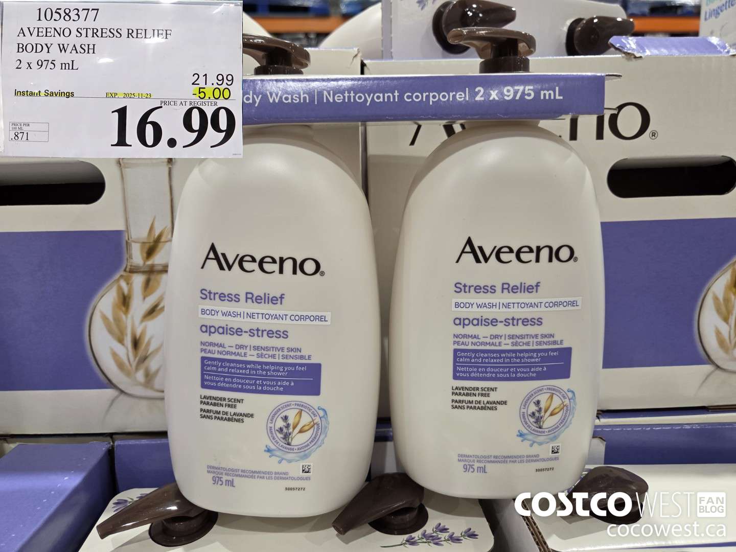 1058377 AVEENO STRESS RELIEF BODY WASH 2 X 975 ML ($5.00 INSTANT SAVINGS EXPIRES ON 2025-11-23) $16.99