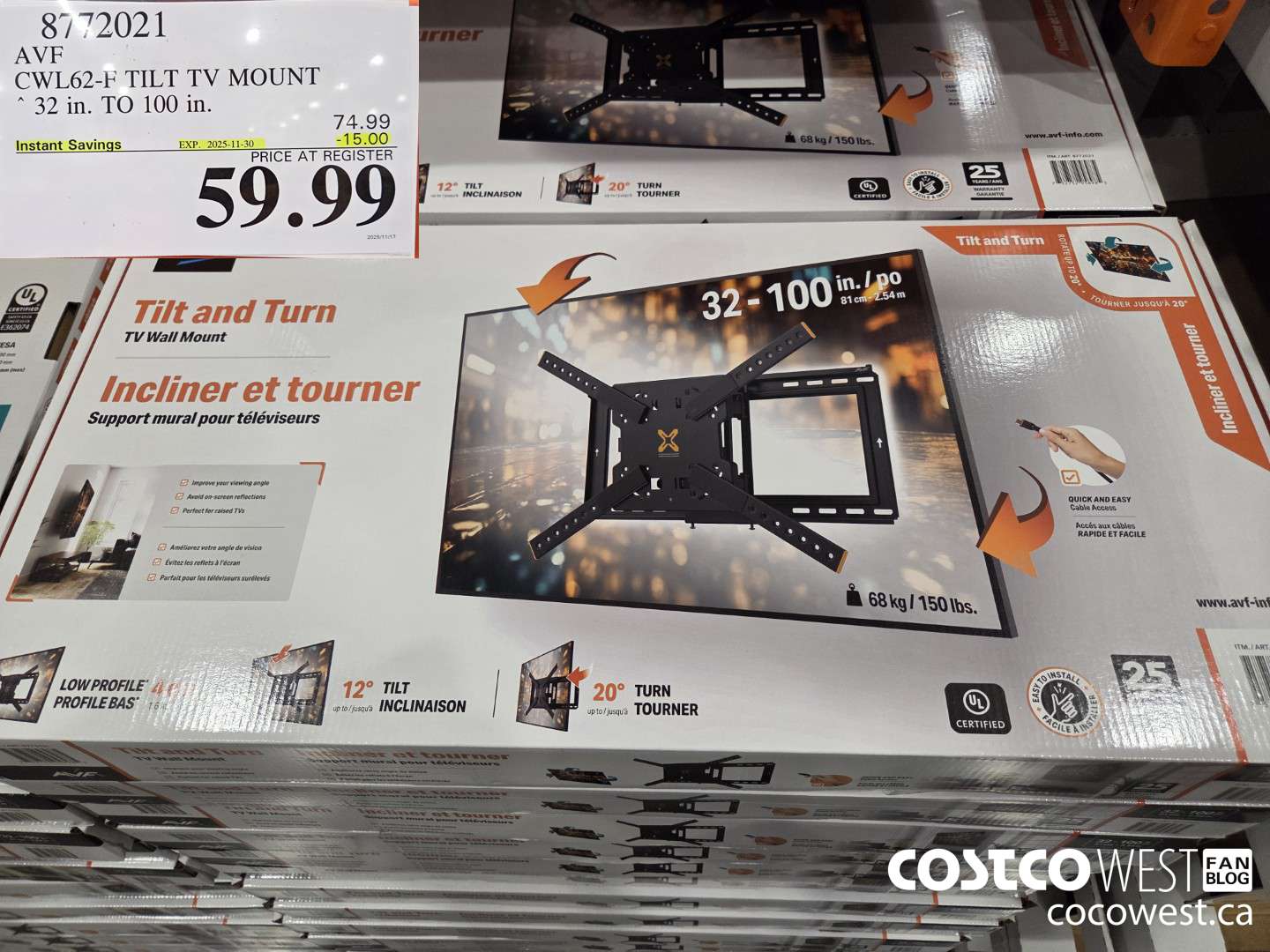 8772021 AVF CWL62-F TILT TV MOUNT 32 IN. TO 100IN ($15.00 INSTANT SAVINGS EXPIRES ON 2025-11-30) $59.99