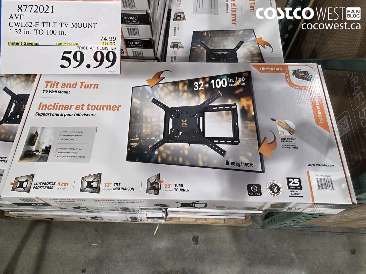 8772021 AVF CWL62-F TILT TV MOUNT 32 IN. TO 100IN ($15.00 INSTANT SAVINGS EXPIRES ON 2025-11-30) $59.99