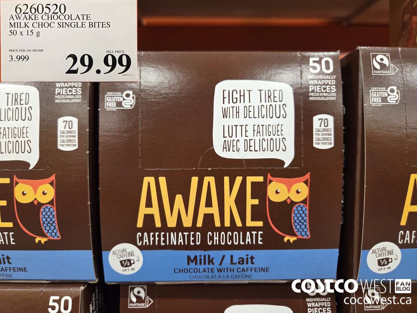 6260520 AWAKE CHOCOLATE MILK CHOC SINGLE BITES 50 x 15 g $29.99