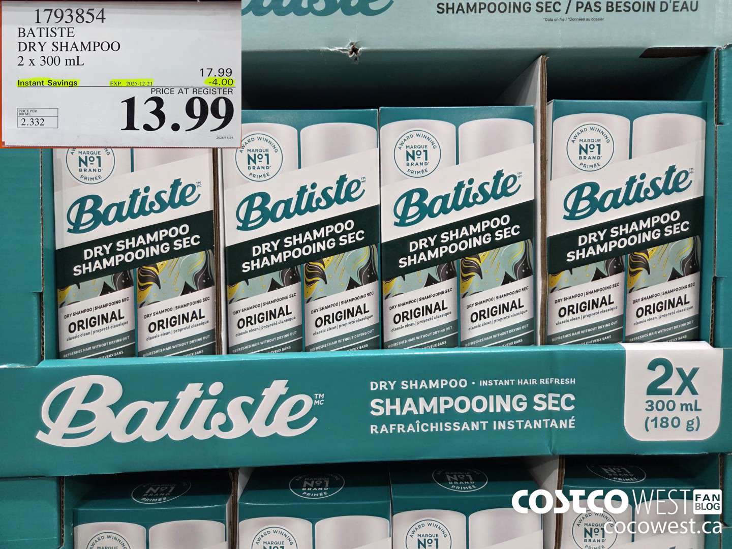 1793854 BATISTE DRY SHAMPOO 2 X 300ML ($4.00 INSTANT SAVINGS EXPIRES ON 2025-12-21) $13.99