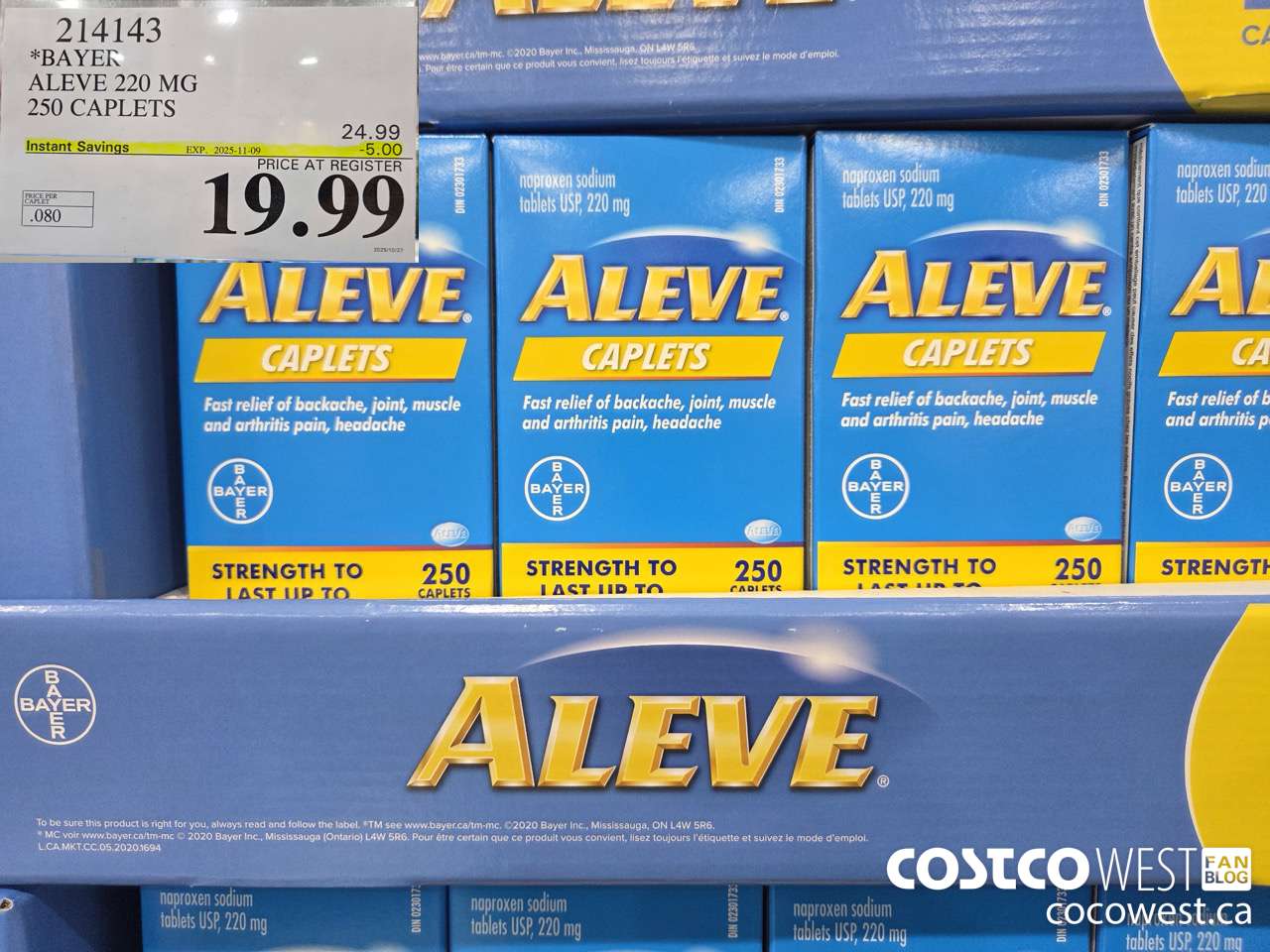 214143 BAYER ALEVE 220 MG 250 CAPLETS ($5.00 INSTANT SAVINGS EXPIRES ON 2025-11-09) $19.99