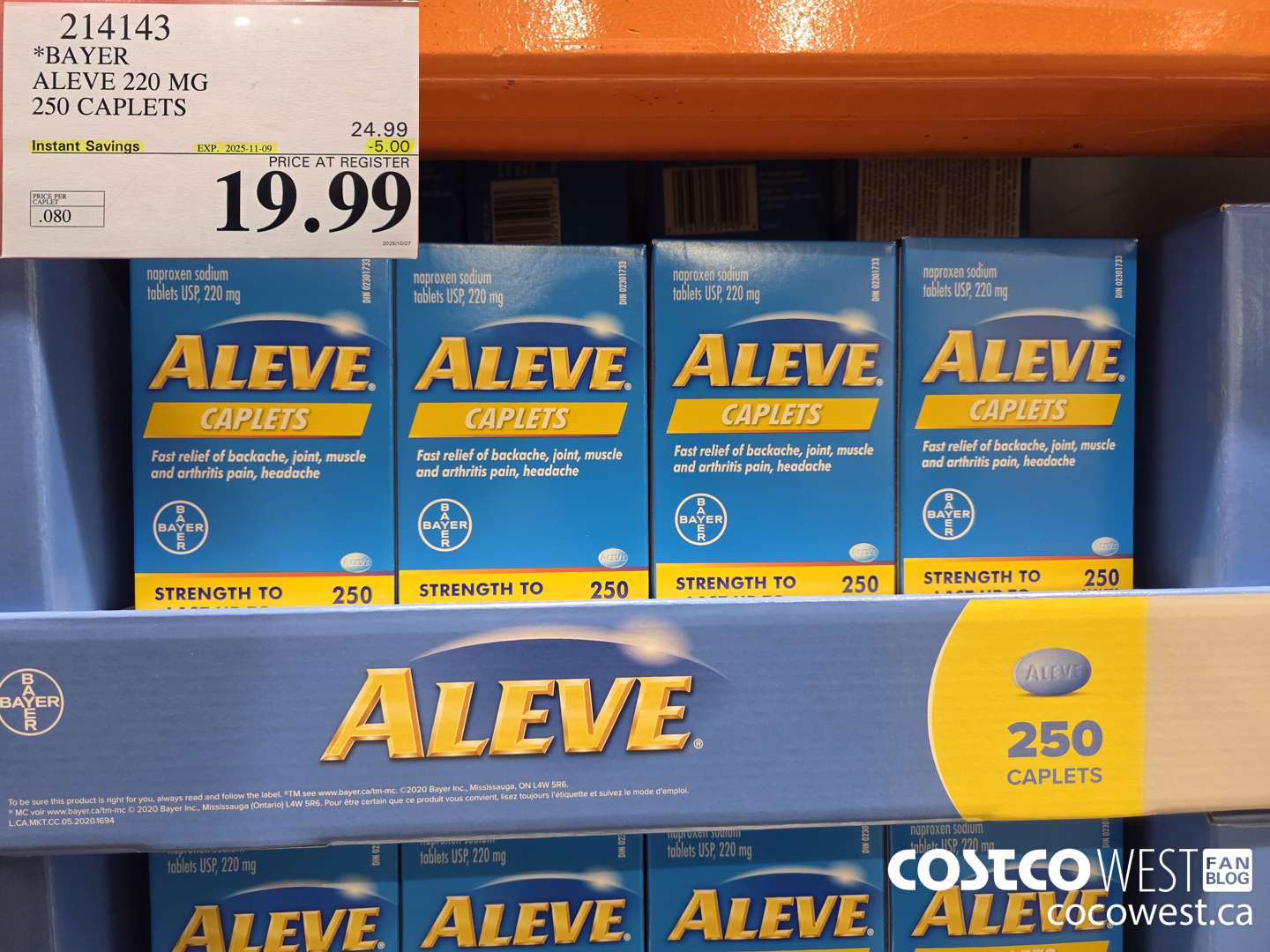 214143 BAYER ALEVE 220 MG 250 CAPLETS ($5.00 INSTANT SAVINGS EXPIRES ON 2025-11-09) $19.99