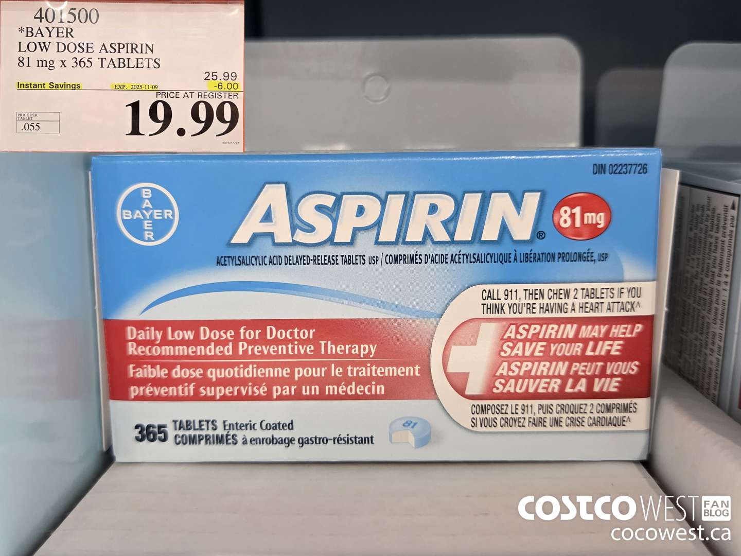 401500 BAYER COATED LOW DOSE ASA 365 81MG TABLETS ($6.00 INSTANT SAVINGS EXPIRES ON 2025-11-09) $19.99