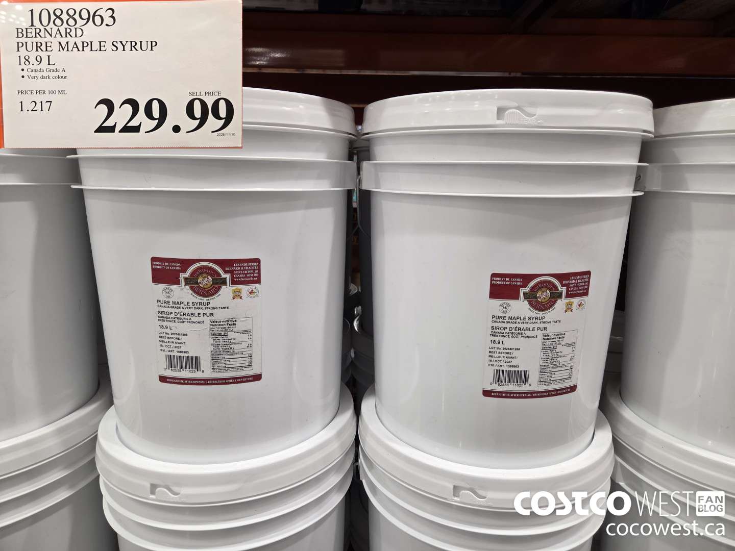 1088963 BERNARD PURE MAPLE SYRUP 18.9 L $229.99