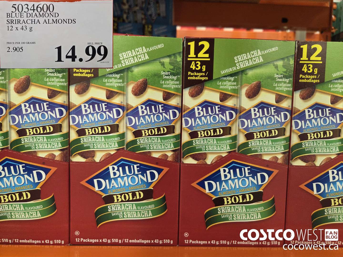 5034600 BLUE DIAMOND SRIRACHA ALMONDS 12 x 43 g $14.99