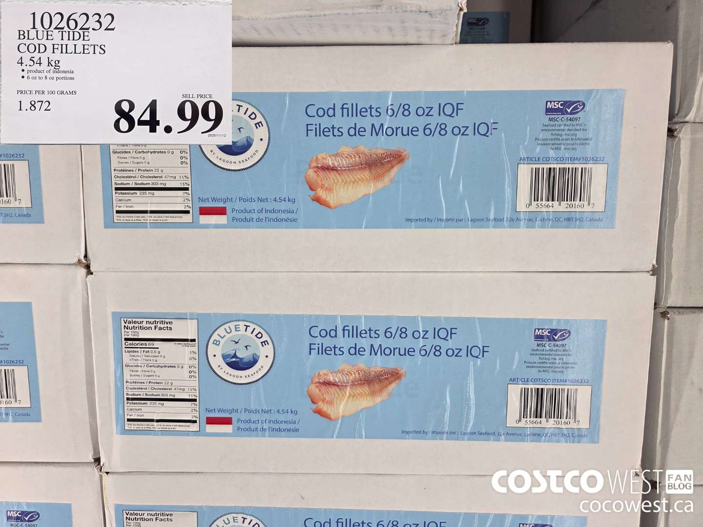 1026232 BLUE TIDE COD FILLETS 4.54 kg $84.99