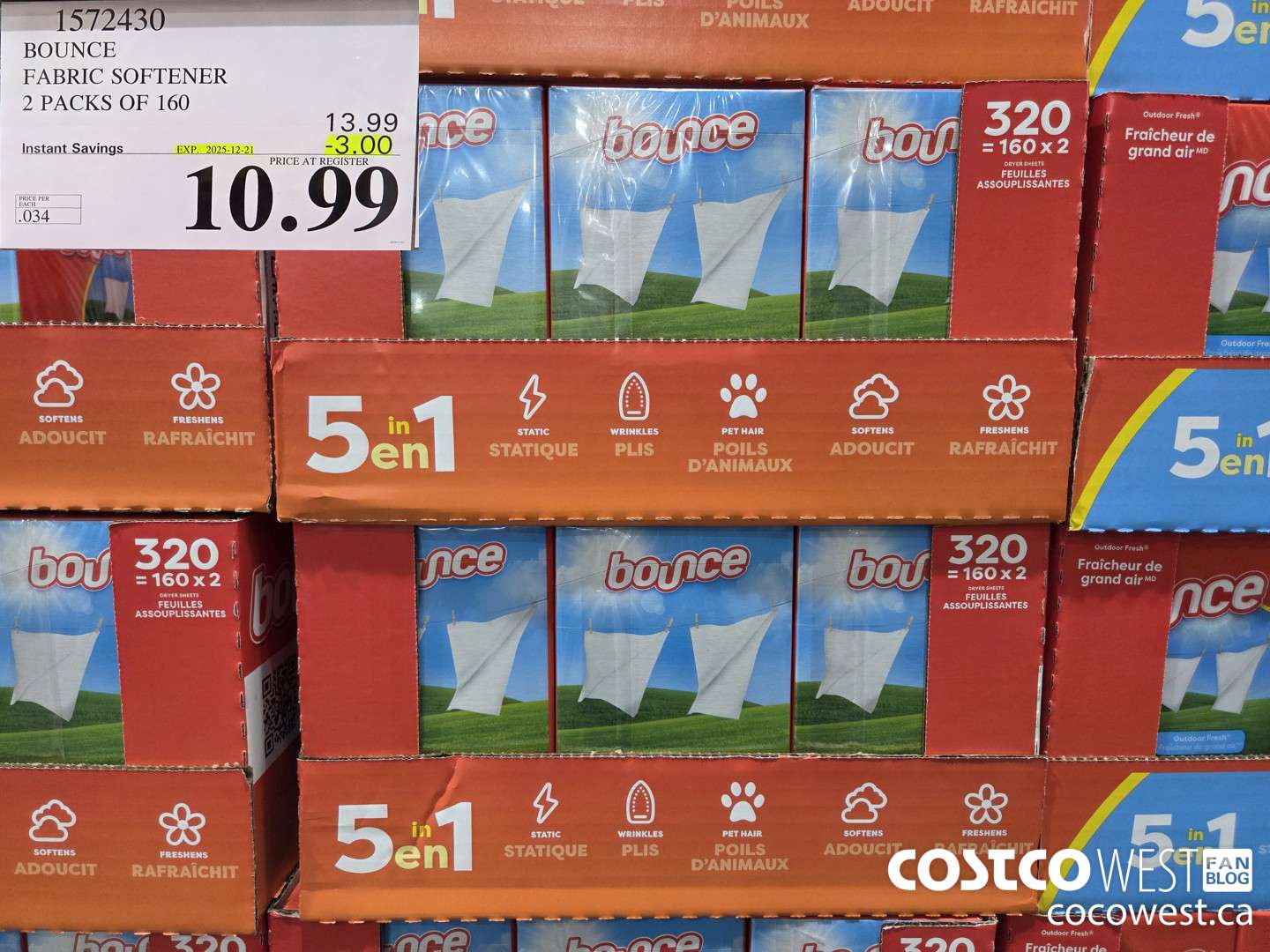 1572430 BOUNCE FABRIC SOFTENER 2 X 160 SHEETS ($3.00 INSTANT SAVINGS EXPIRES ON 2025-12-21) $10.99