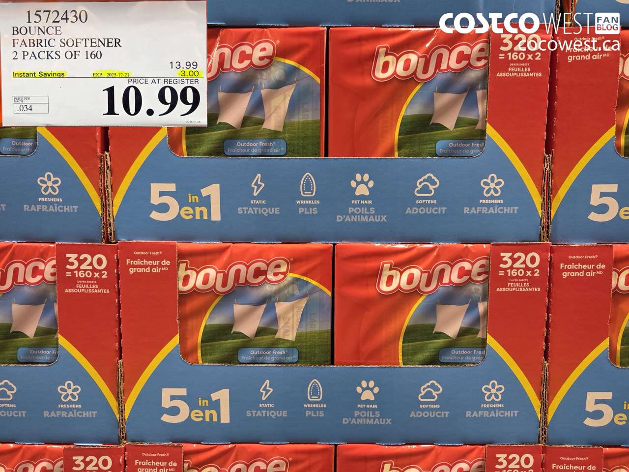 1572430 BOUNCE FABRIC SOFTENER 2 X 160 SHEETS ($3.00 INSTANT SAVINGS EXPIRES ON 2025-12-21) $10.99