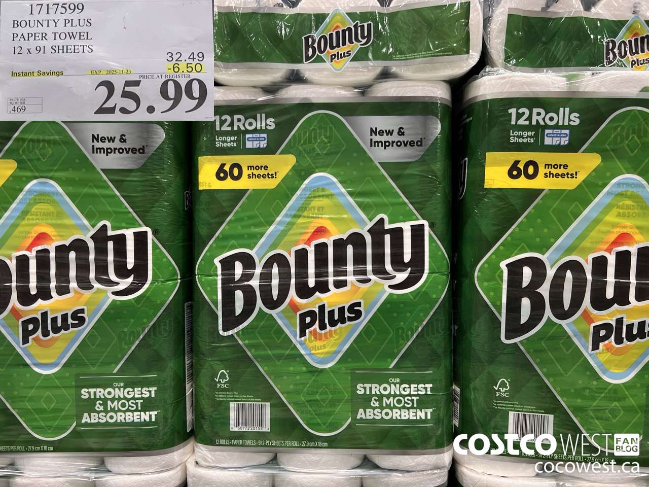 1717599 BOUNTY PLUS PAPER TOWEL 12 X 91 SHEETS ($6.50 INSTANT SAVINGS EXPIRES ON 2025-11-23) $25.99