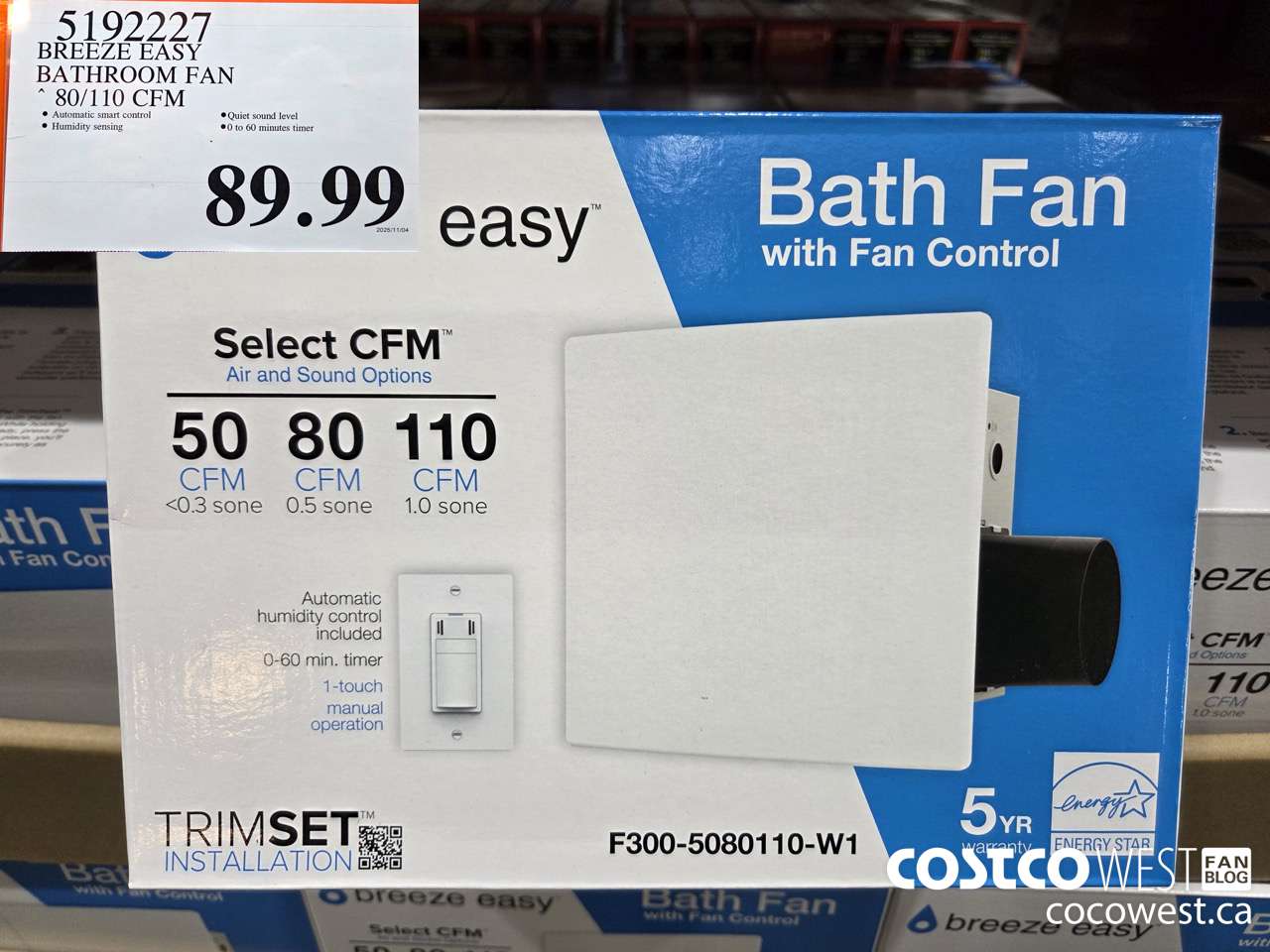 5192227 BREEZE EASY BATHROOM FAN 80/110 CFM $89.99
