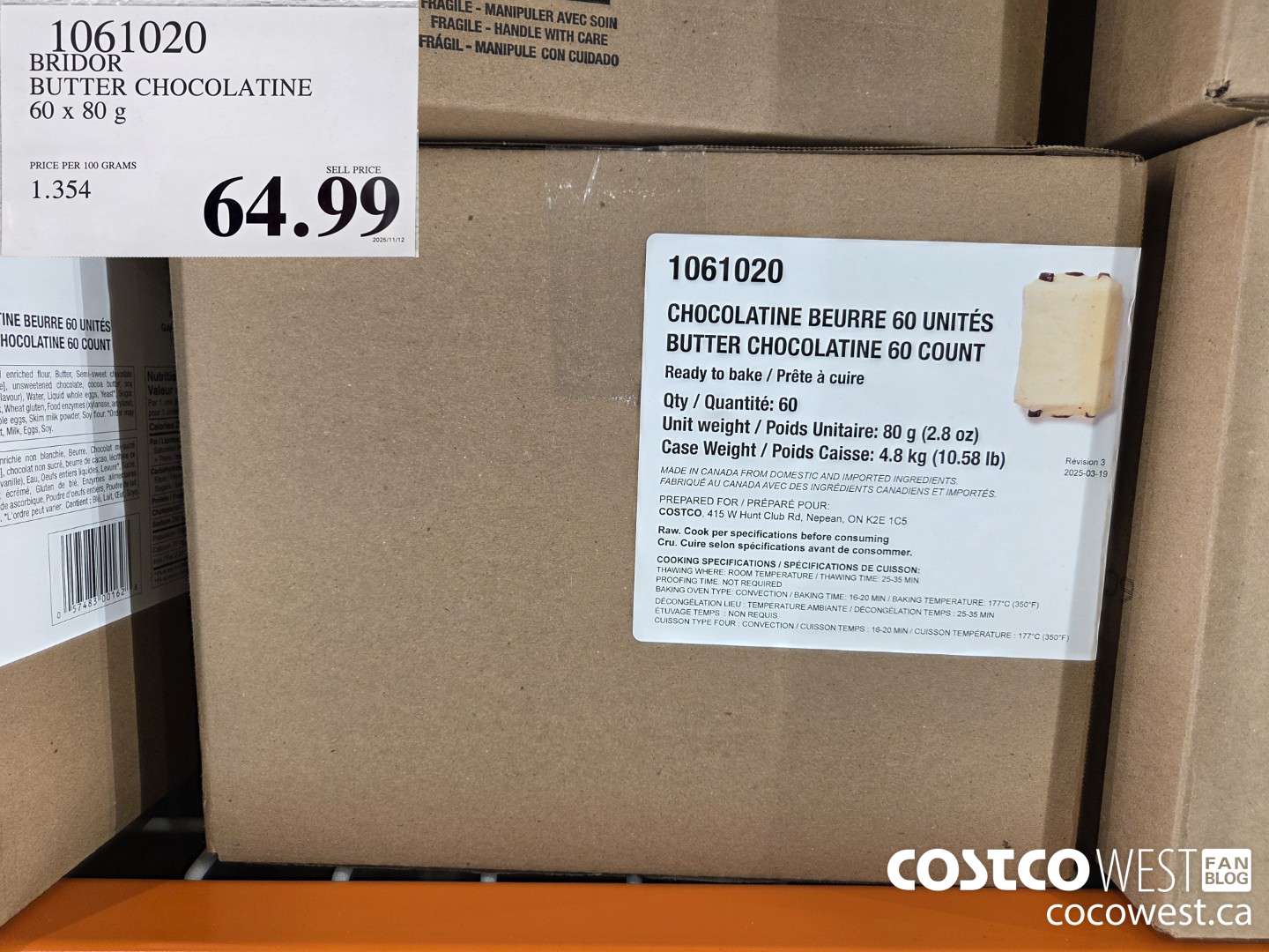 1061020 BRIDOR BUTTER CHOCOLATINE 60 x 80 g $64.99