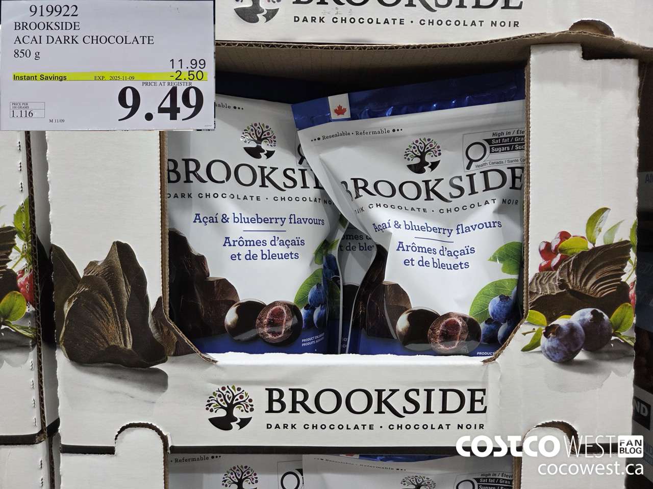 919922 BROOKSIDE ACAI DARK CHOCOLATE 850 g ($2.50 INSTANT SAVINGS EXPIRES ON 2025-11-09) $9.49