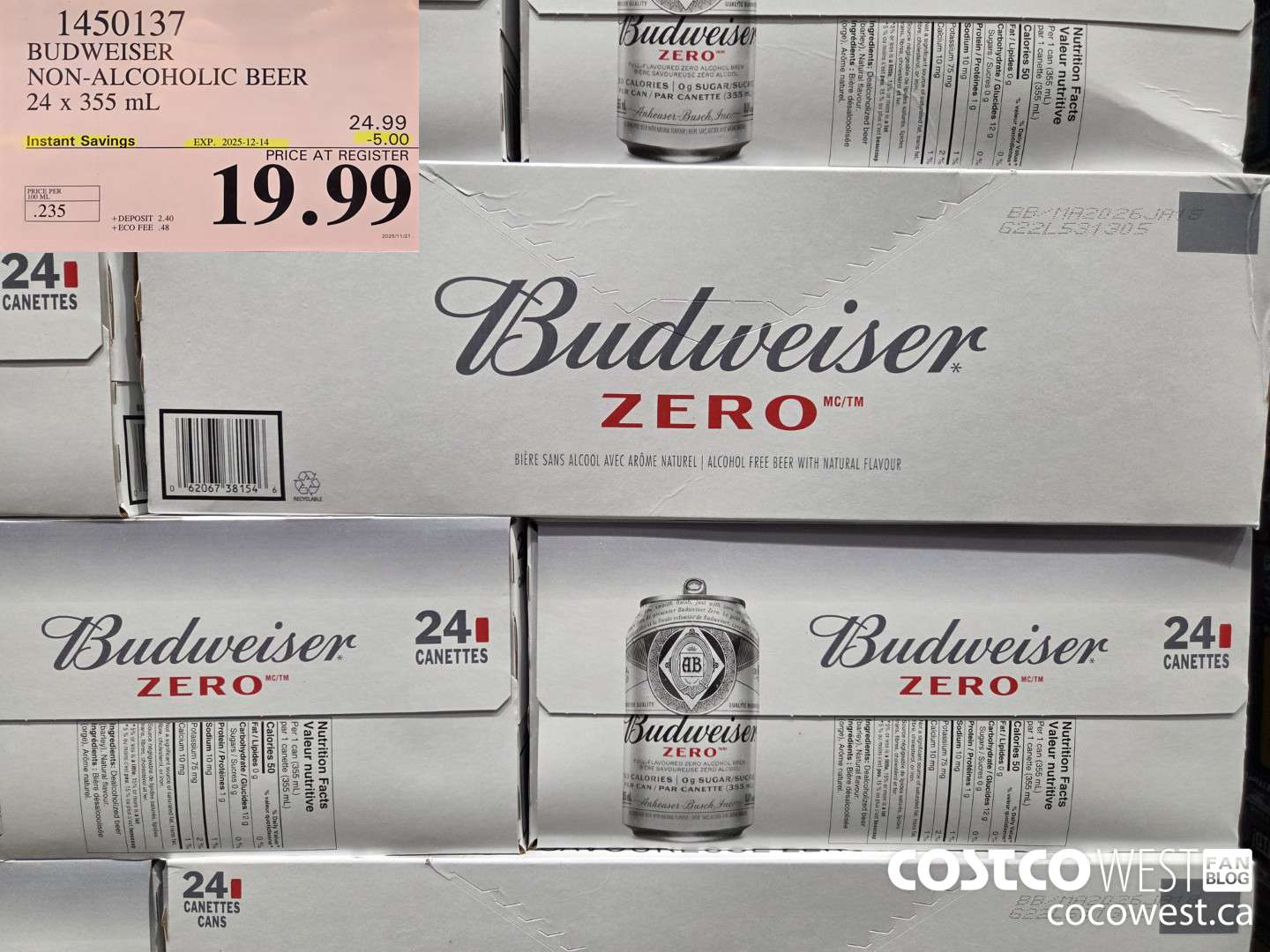 1450137 BUDWEISER 0.0% 24 x 355 mL ($5.00 INSTANT SAVINGS EXPIRES ON 2025-12-14) $19.99
