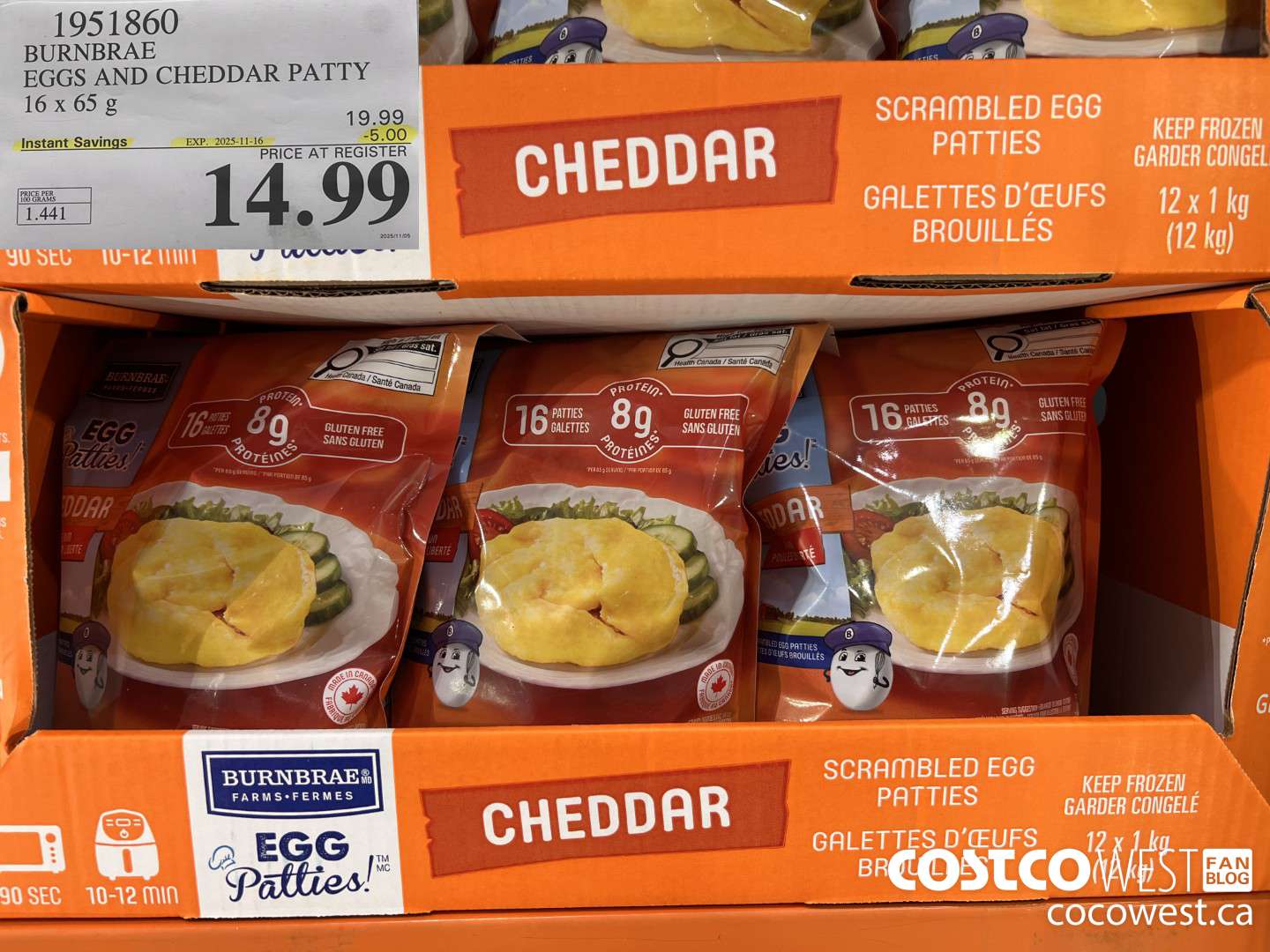 1951860 BURNBRAE EGGS AND CHEDDAR PATTY 16 X 65G ($5.00 INSTANT SAVINGS EXPIRES ON 2025-11-16) $14.99