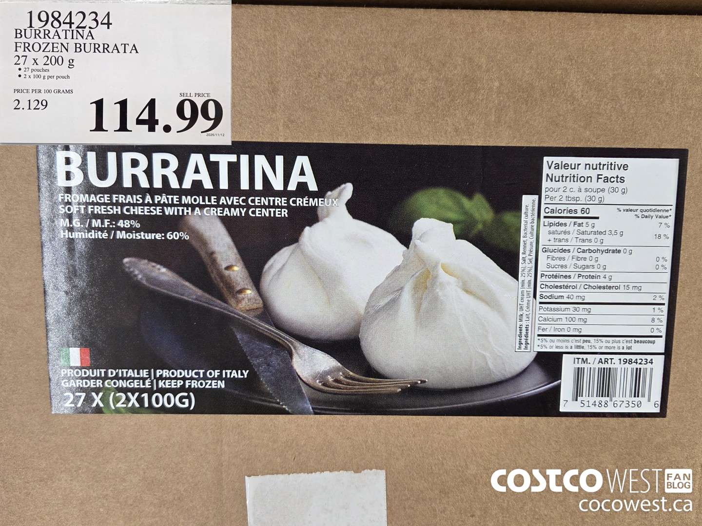 1984234 BURRATINA FROZEN BURRATA 27 x 200 g $114.99
