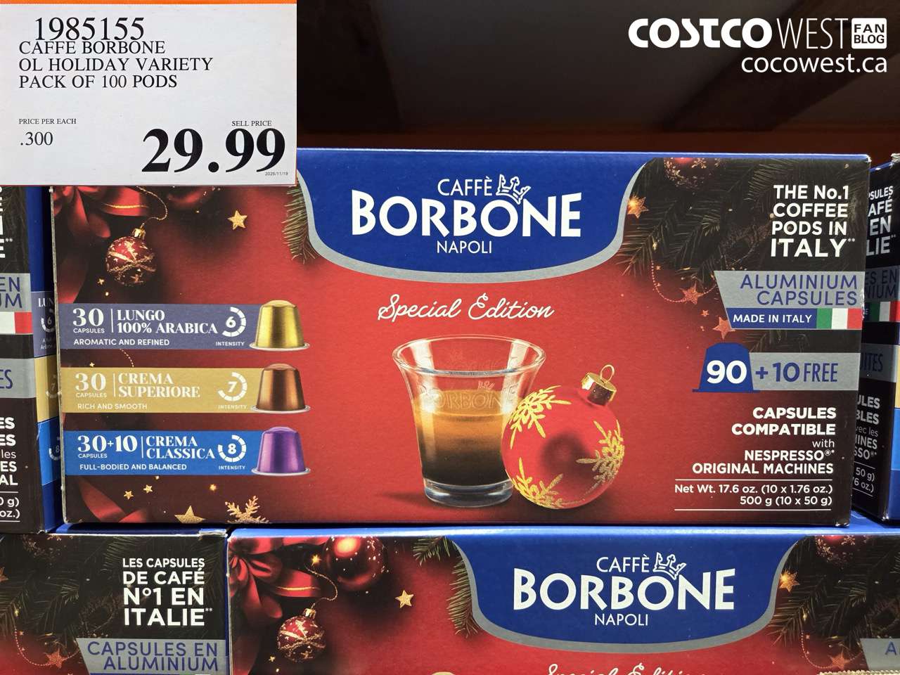 1985155 CAFFE BORBONE OL HOLIDAY VARIETY PACK OF 100 PODS $29.99