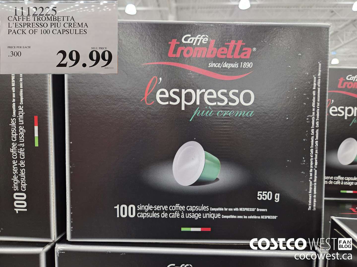 1112225 CAFFE TROMBETTA L'ESPRESSO PIU CREMA PACK OF 100 CAPSULES $29.99