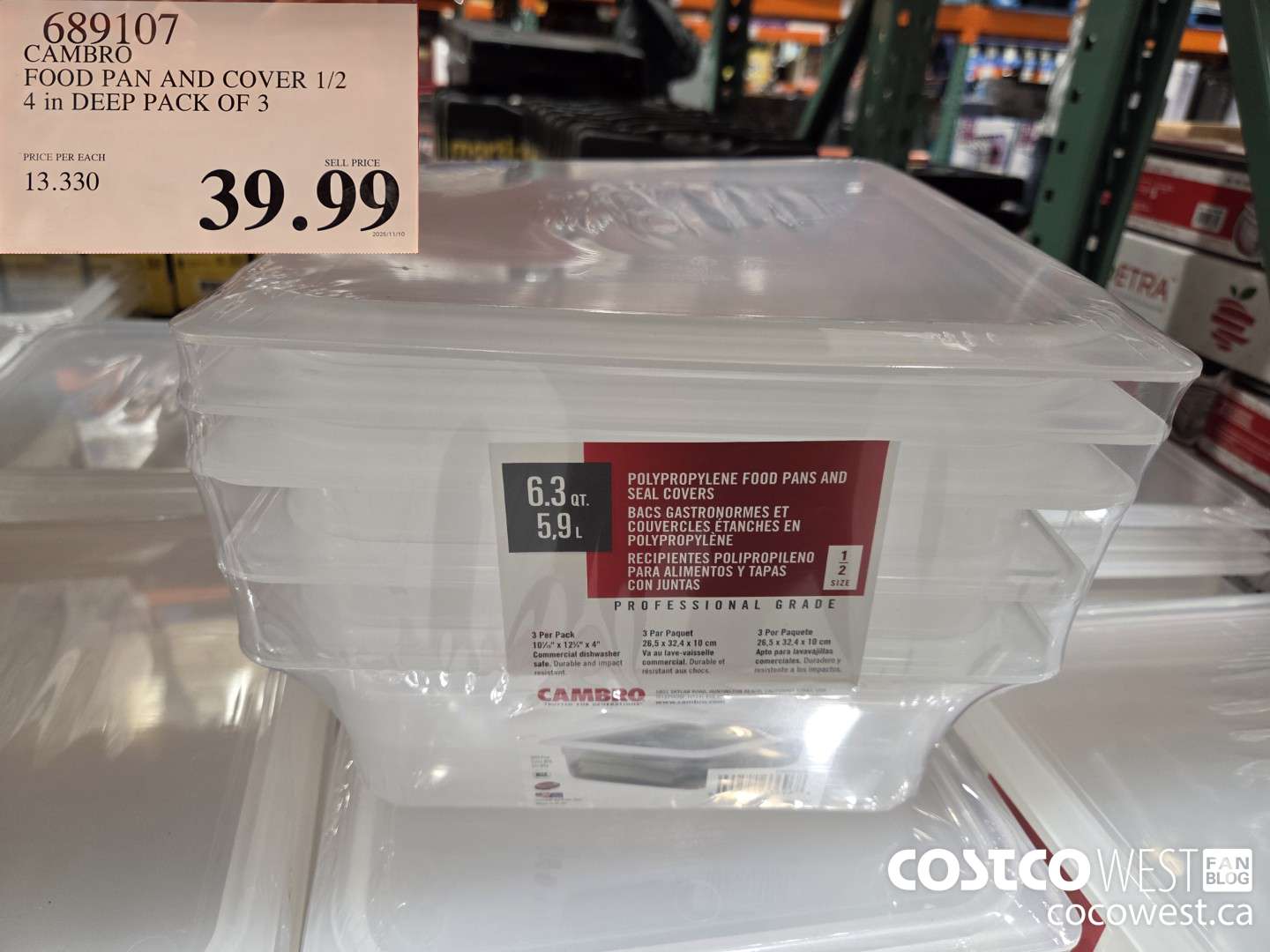 689107 CAMBRO FOOD PAN AND COVER 1/2 4 in DEEP PACK OF 3 $39.99