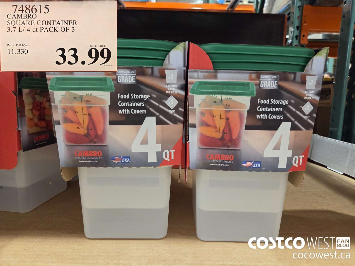 748615 CAMBRO SQUARE CONTAINER 3.7 L/ 4 qt PACK OF 3 $33.99