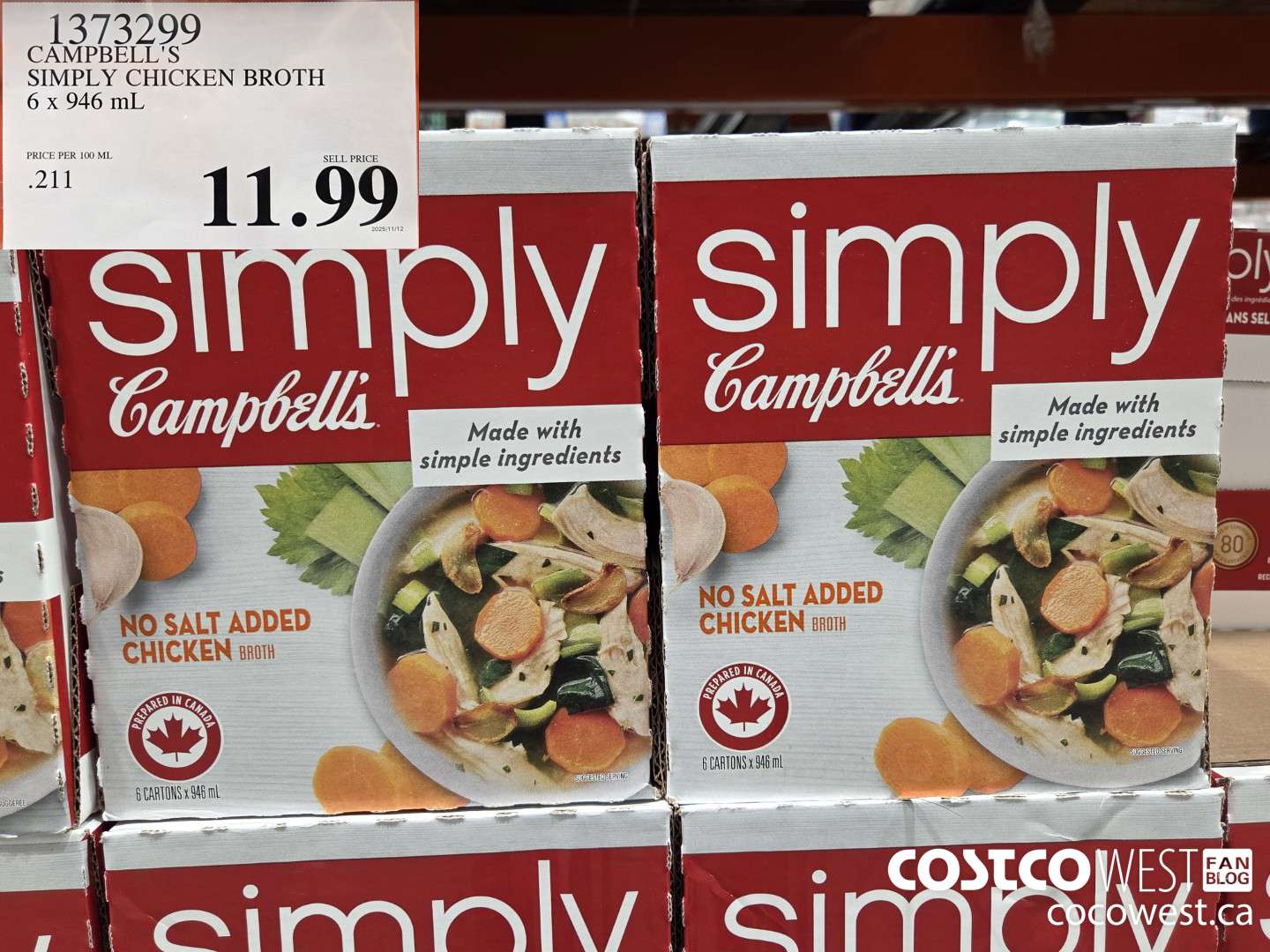 1373299 CAMPBELL'S SIMPLY CHICKEN BROTH 6 x 946 mL $11.99