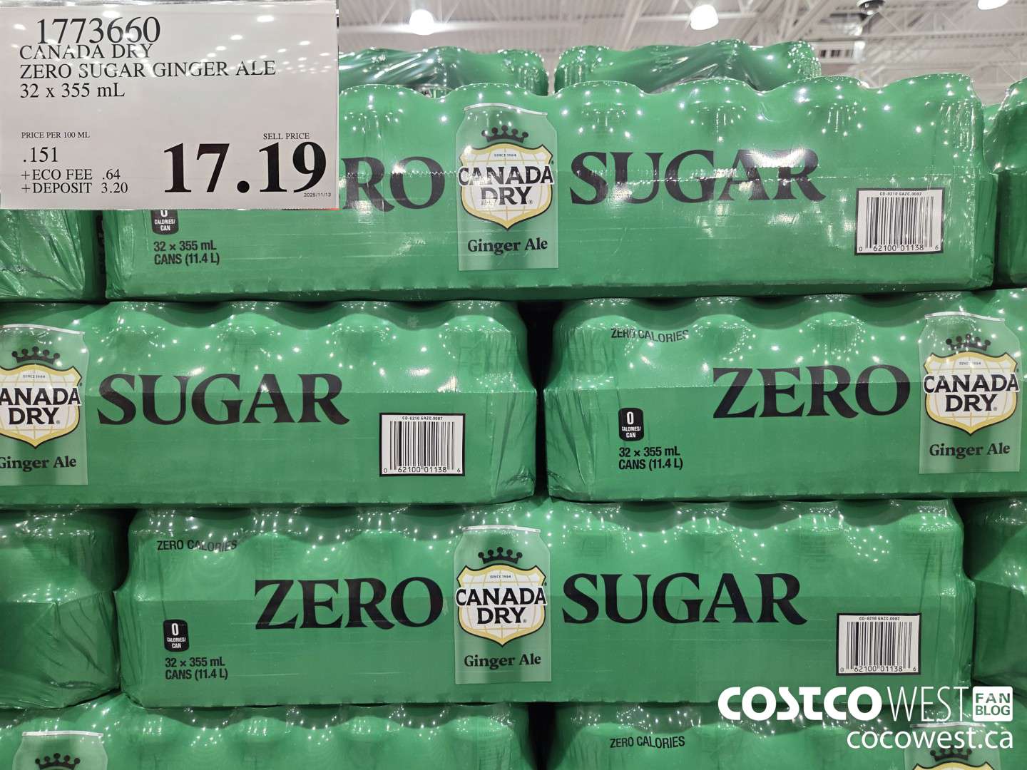 1773660 CANADA DRY ZERO SUGAR GINGER ALE 32 x 355 mL $17.19