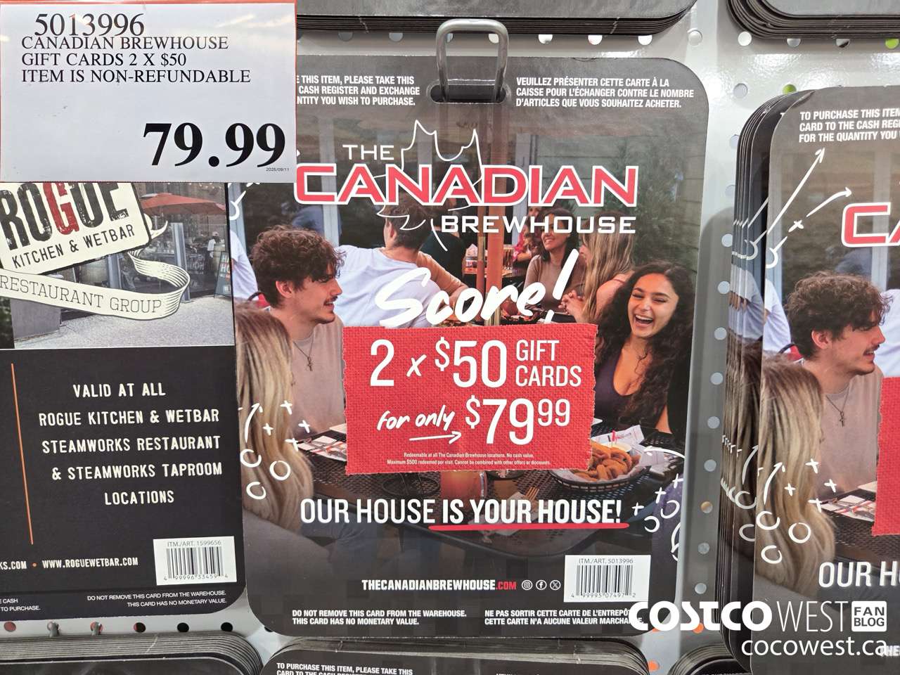 5013996 CANADIAN BREWHOUSE GIFT CARDS 2 X $50 ITEM IS NON-REFUNDABLE $79.99