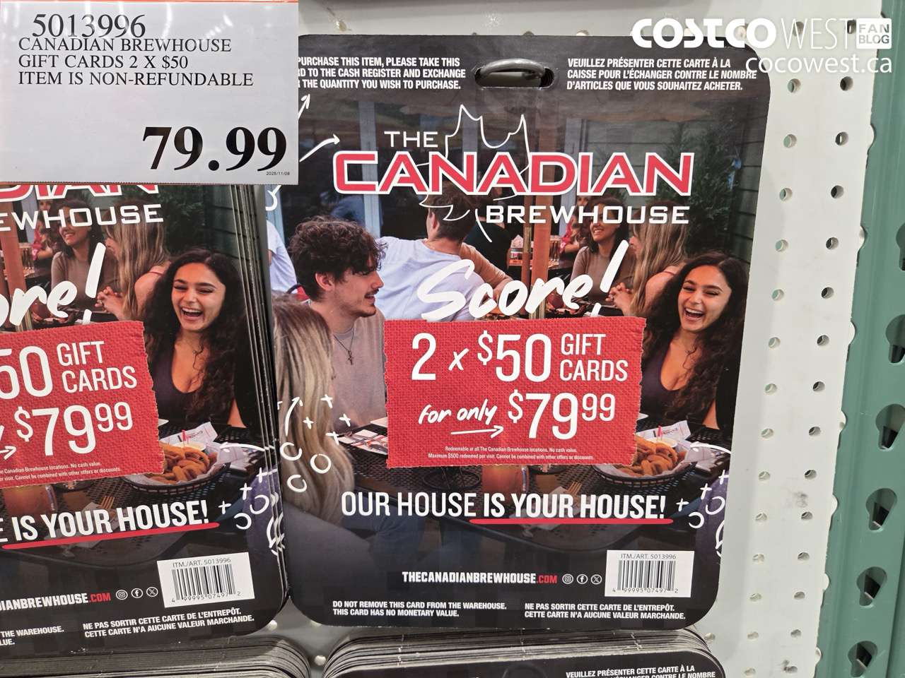 5013996 CANADIAN BREWHOUSE GIFT CARDS 2 X $50 ITEM IS NON-REFUNDABLE $79.99