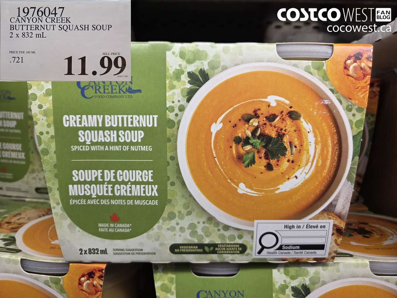 1976047 CANYON CREEK BUTTERNUT SQUASH SOUP 2 x 823 mL $11.99