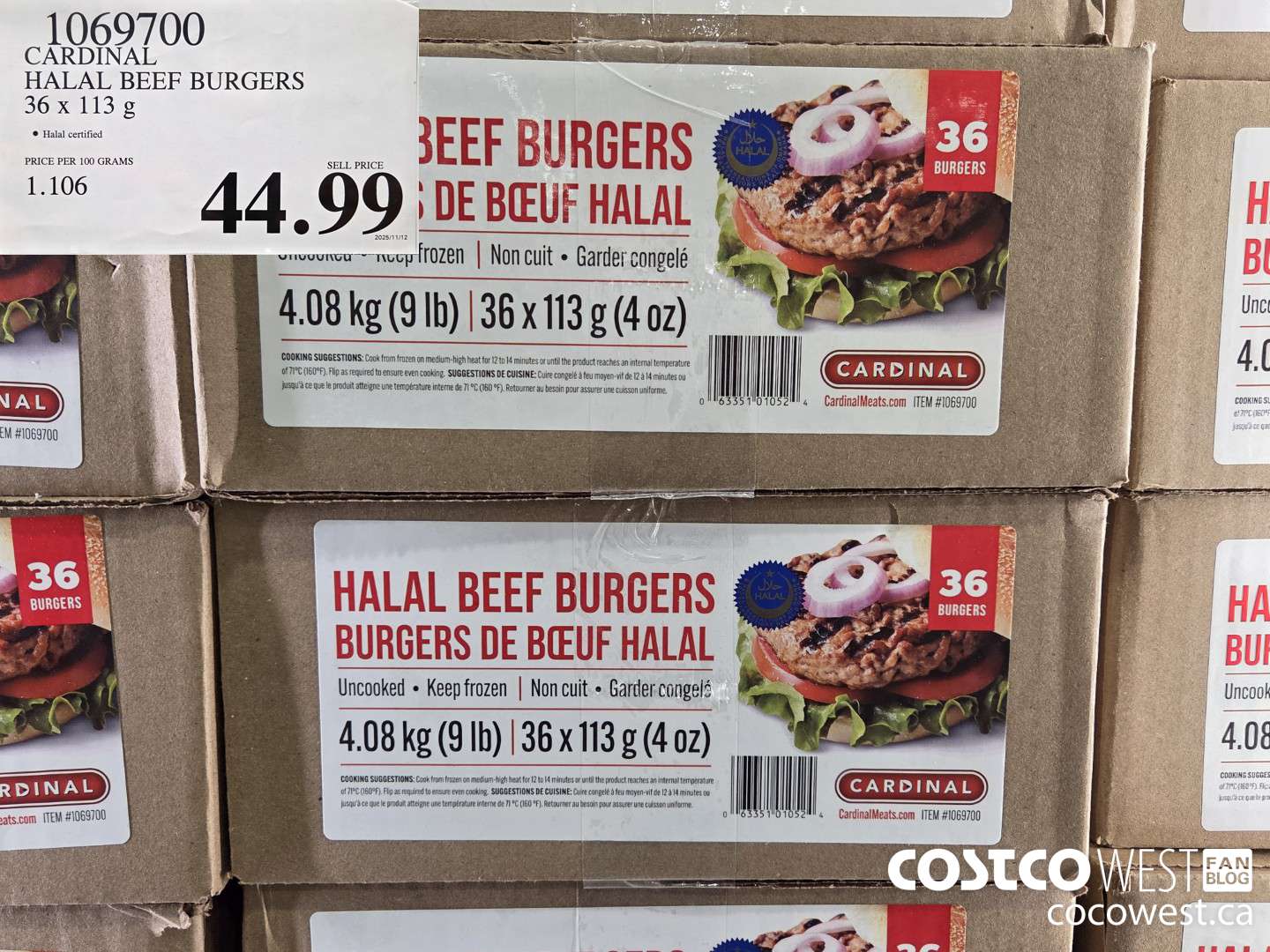 1069700 CARDINAL HALAL BEEF BURGERS 36 x 113 g $44.99