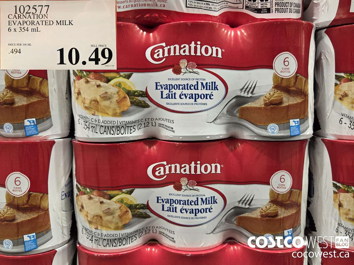 102577 CARNATION EVAPORATED MILK 6 x 354 mL $10.49
