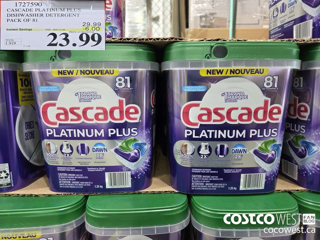 1727590 CASCADE PLATINUM PLUS DISHWASHER DETERGENT 81 TABS ($6.00 INSTANT SAVINGS EXPIRES ON 2025-11-09) $23.99