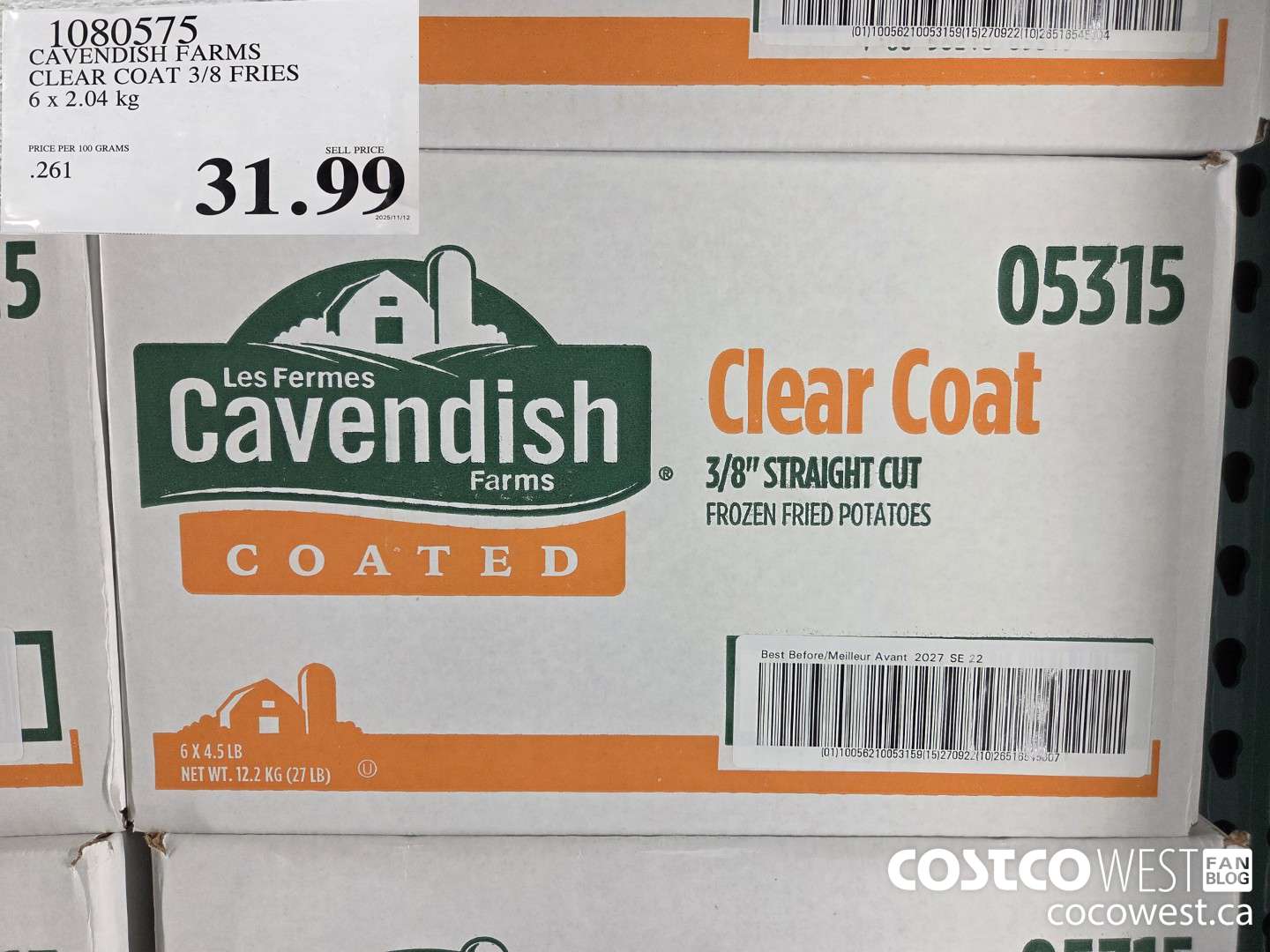 1080575 CAVENDISH FARMS CLEAR COAT 3/8 FRIES 6 x 2.04 kg $31.99