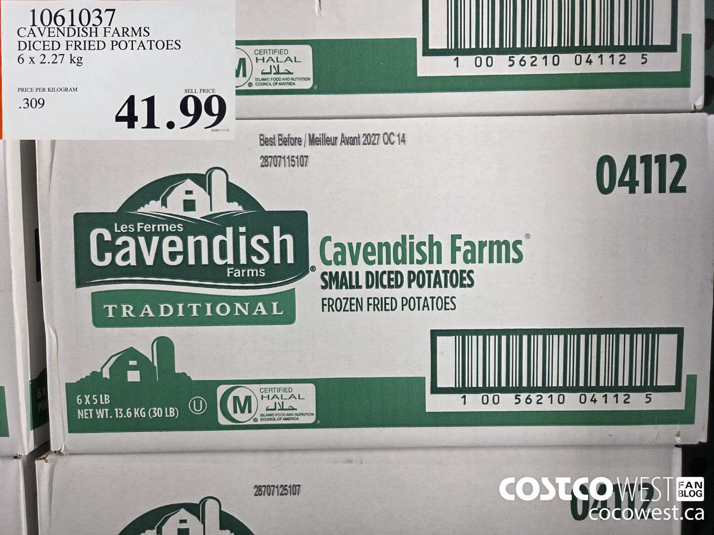 1061037 CAVENDISH FARMS DICED FRIED POTATOES 6 x 2.27 kg $41.99