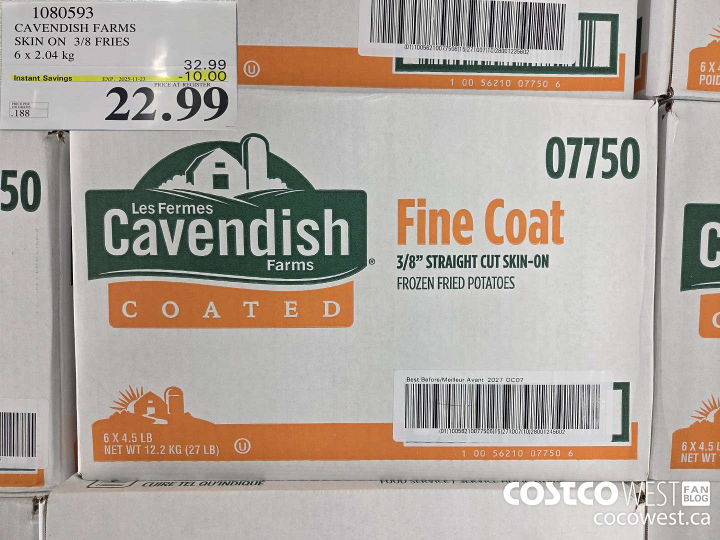 1080593 CAVENDISH FARMS SKIN ON 3/8 FRIES 6 x 2.04 kg (EXPIRES ON 2025-11-23) $22.99