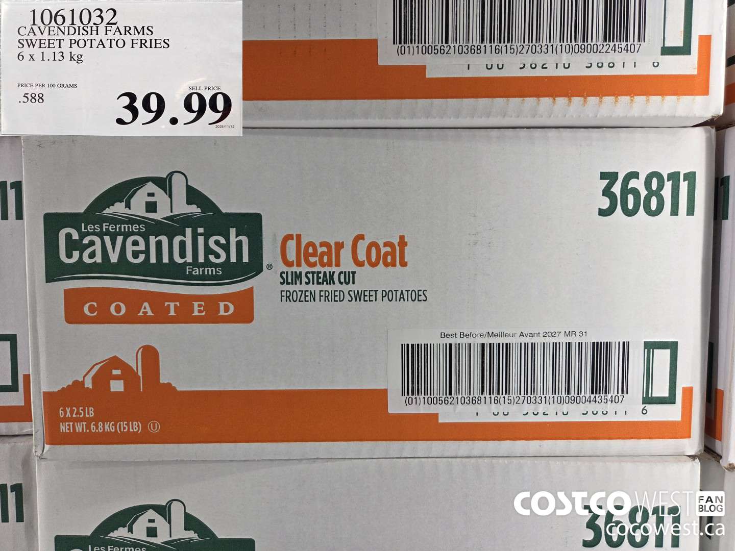 1061032 CAVENDISH FARMS SWEET POTATO FRIES 6 x 1.13 kg $39.99