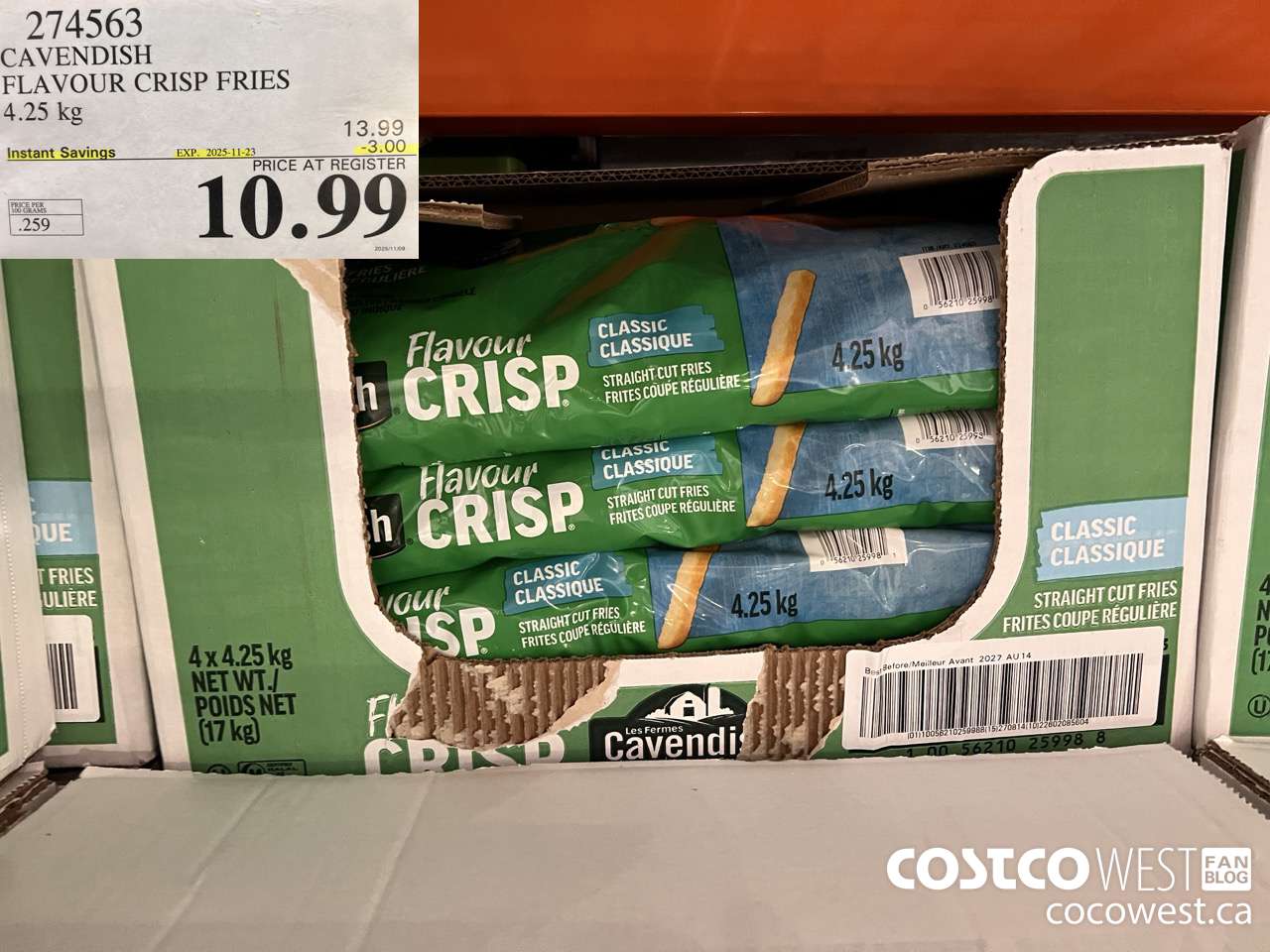 274563 CAVENDISH FLAVOUR CRISP FRIES 4.25 KG ($3.00 INSTANT SAVINGS EXPIRES ON 2025-11-23) $10.99