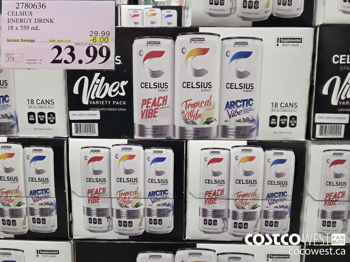 2780636 CELSIUS ENERGY DRINK 18 x 355 mL ($6.00 INSTANT SAVINGS EXPIRES ON 2025-11-23) $23.99
