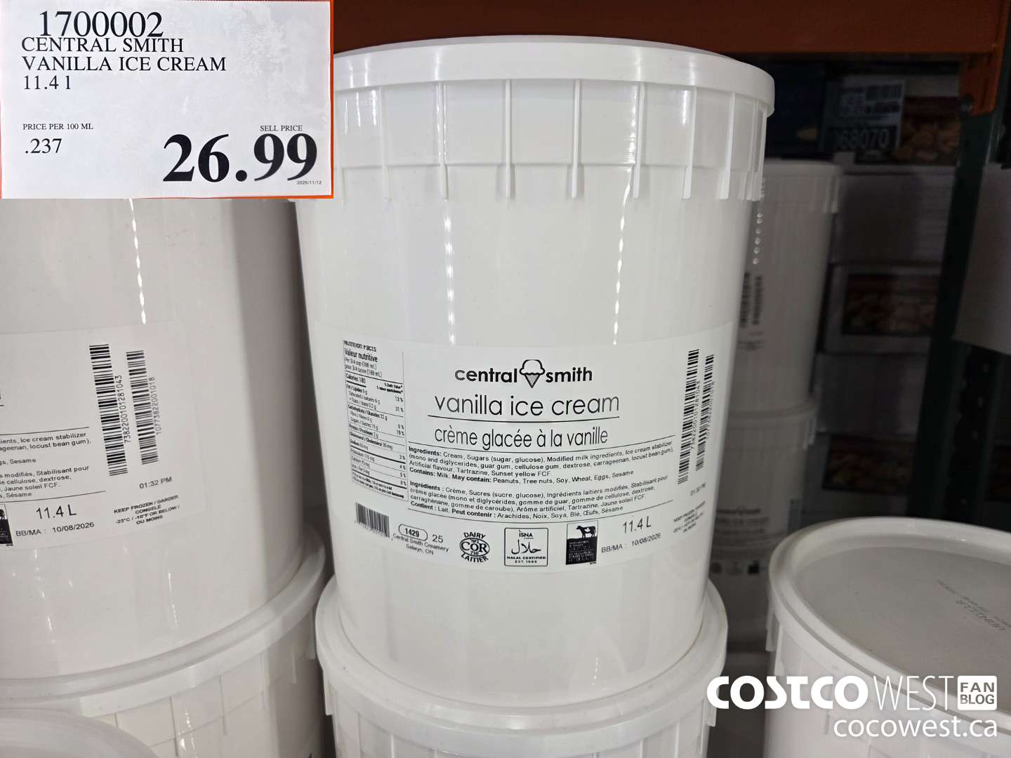 1700002 CENTRAL SMITH VANILLA ICE CREAM 11.4 L $26.99