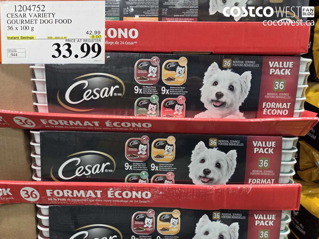 1204752 CESAR VARIETY GOURMET DOG FOOD 36 x 100 g ($9.00 INSTANT SAVINGS EXPIRES ON 2025-11-30) $33.99
