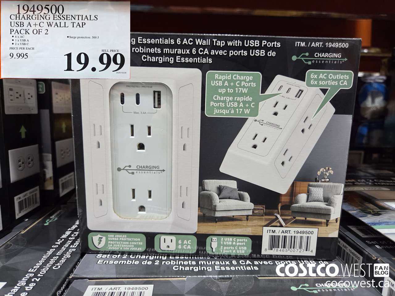 1949500 CHARGING ESSENTIALS USB A+C WALL TAP PACK OF 2 $19.99