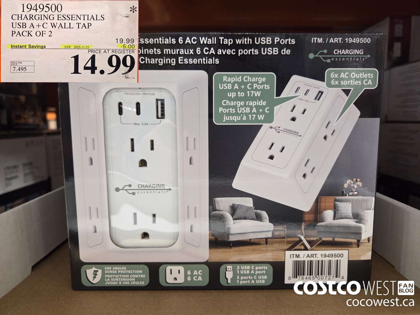 1949500 CHARGING ESSENTIALS USB A+C WALL TAP PACK OF 2 ($5.00 INSTANT SAVINGS EXPIRES ON 2025-11-23) $14.99