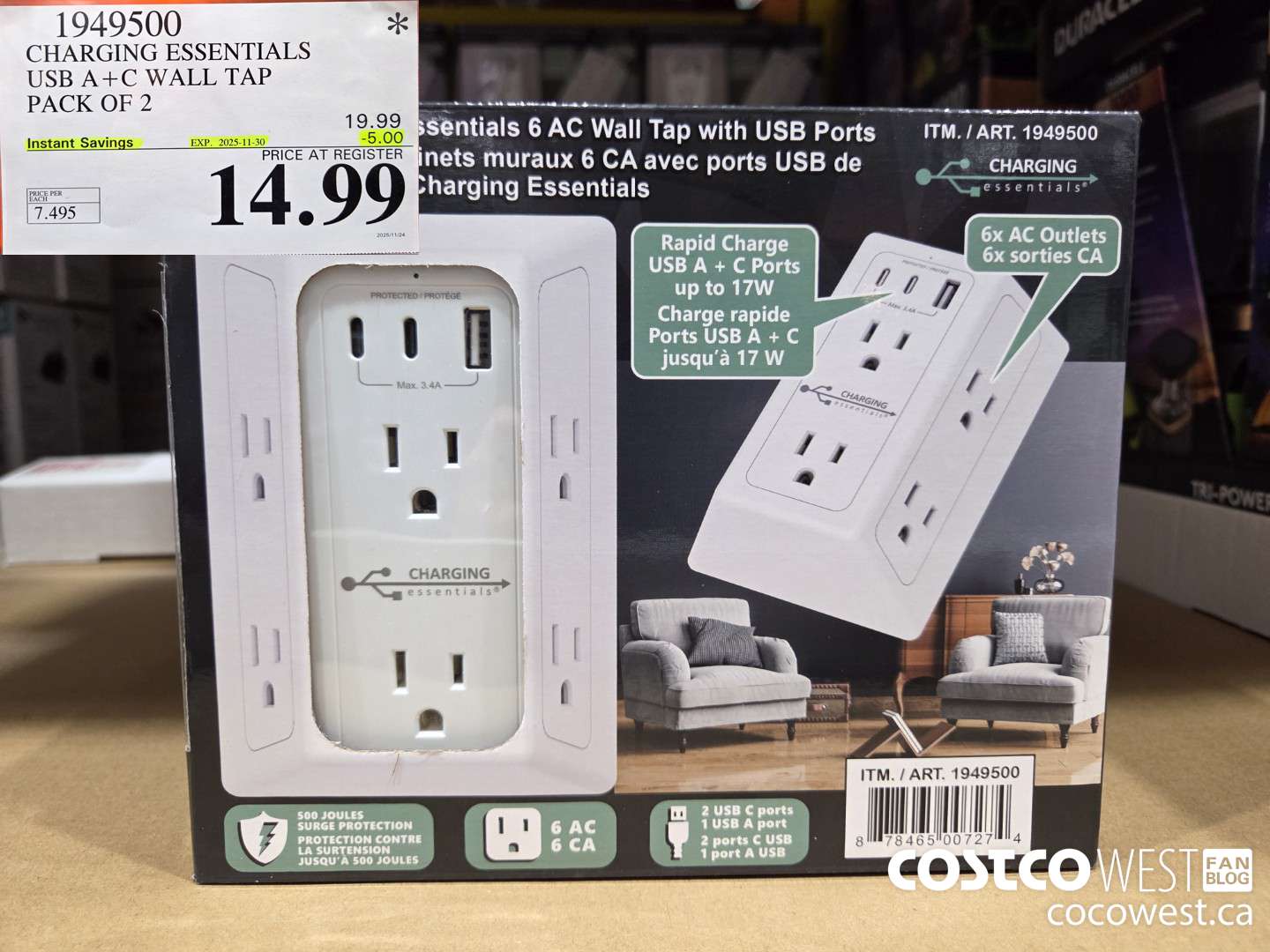 1949500 CHARGING ESSENTIALS USB A+C WALL TAP PACK OF 2 ($5.00 INSTANT SAVINGS EXPIRES ON 2025-11-30) $14.99