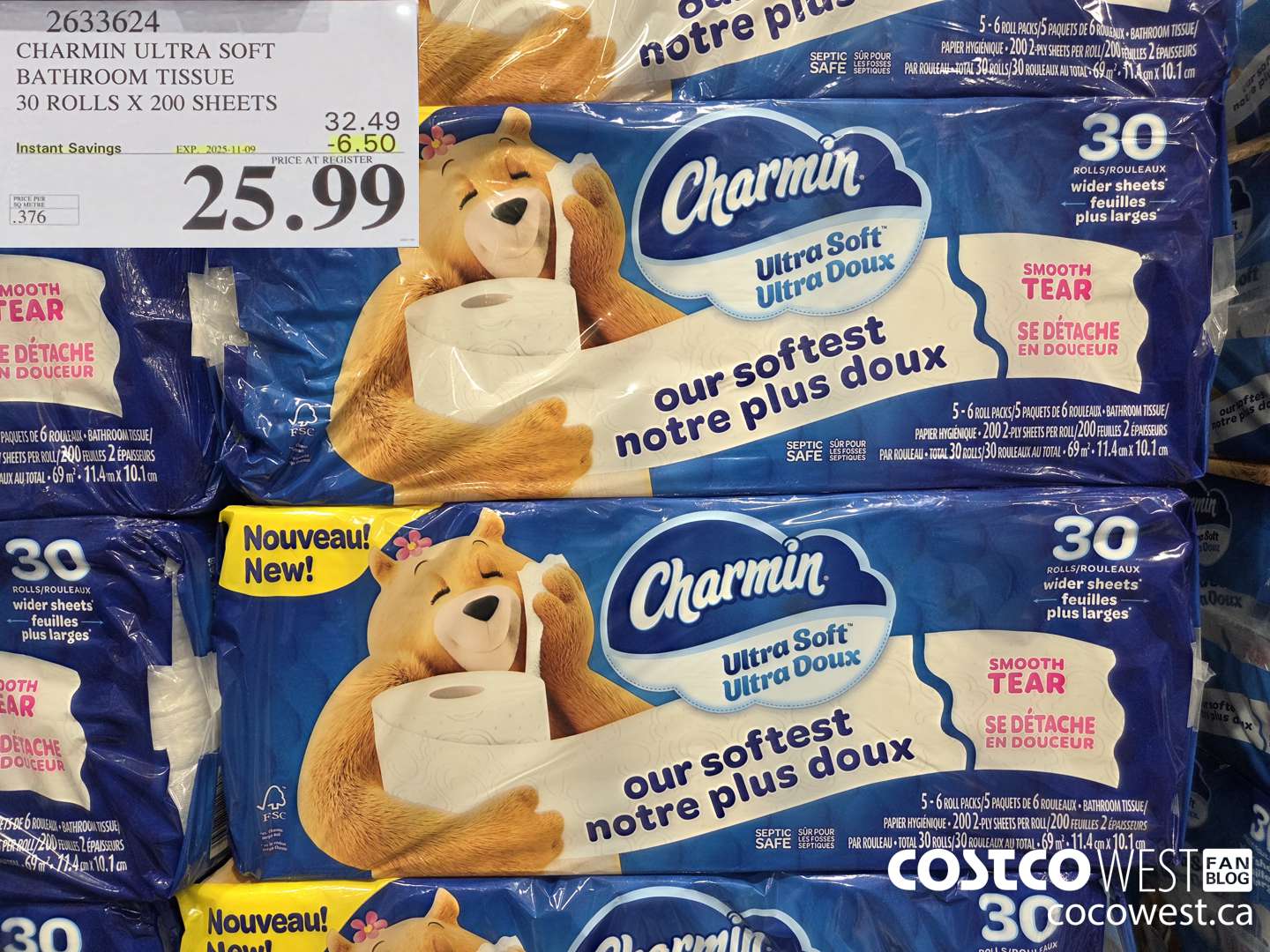 2633624 CHARMIN ULTRA SOFT BATHROOM TISSUE 30 ROLLS X 20 SHEETS ($6.50 INSTANT SAVINGS EXPIRES ON 2025-11-09) $25.99