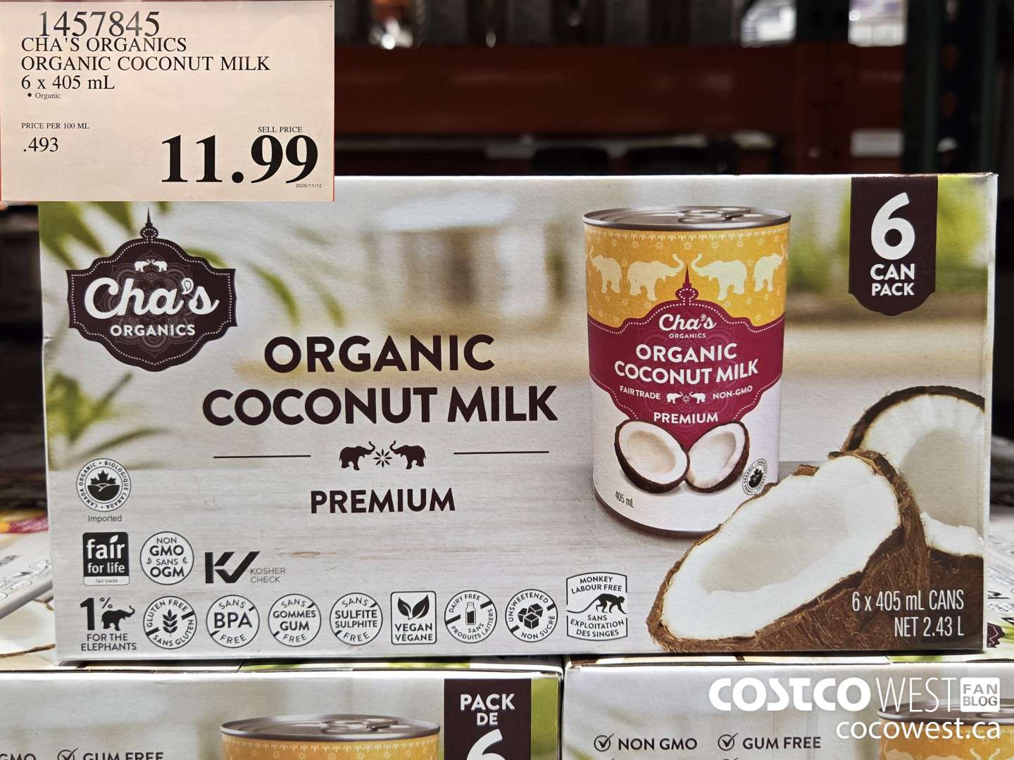 1457845 CHA'S ORGANICS ORGANIC COCONUT MILK 6 x 405 mL $11.99