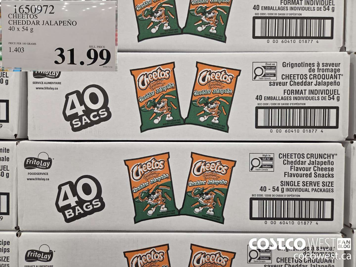 1650972 CHEETOS CHEDDAR JALAPENO 40 x 54 g $31.99