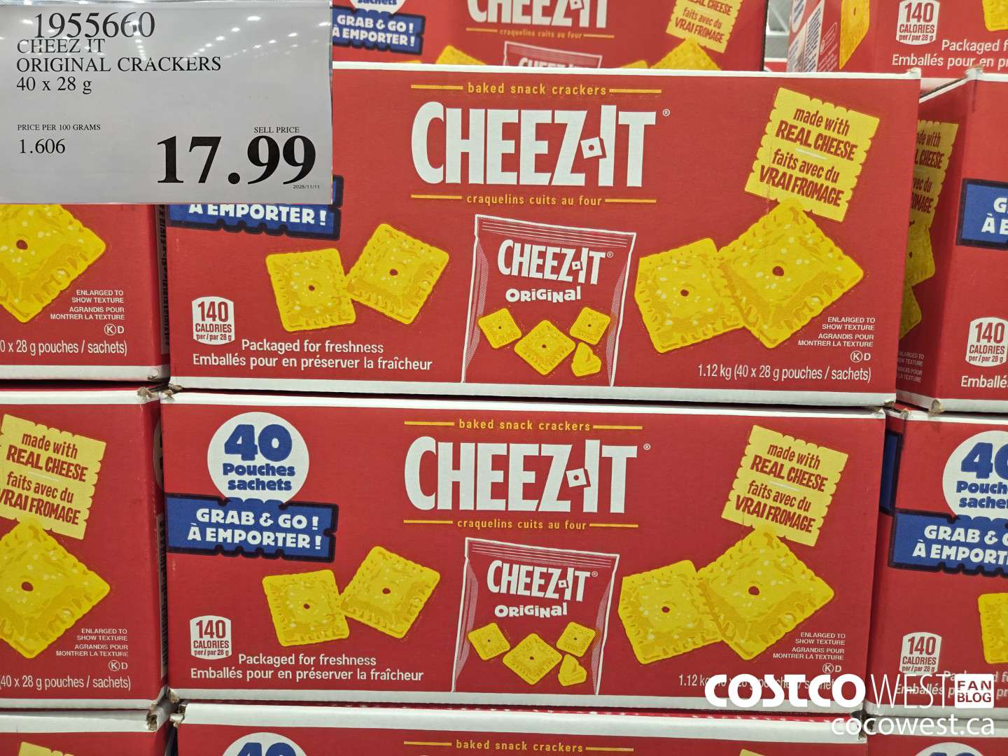 1955660 CHEEZ IT ORIGINAL CRACKERS 40 x 28 g $17.99