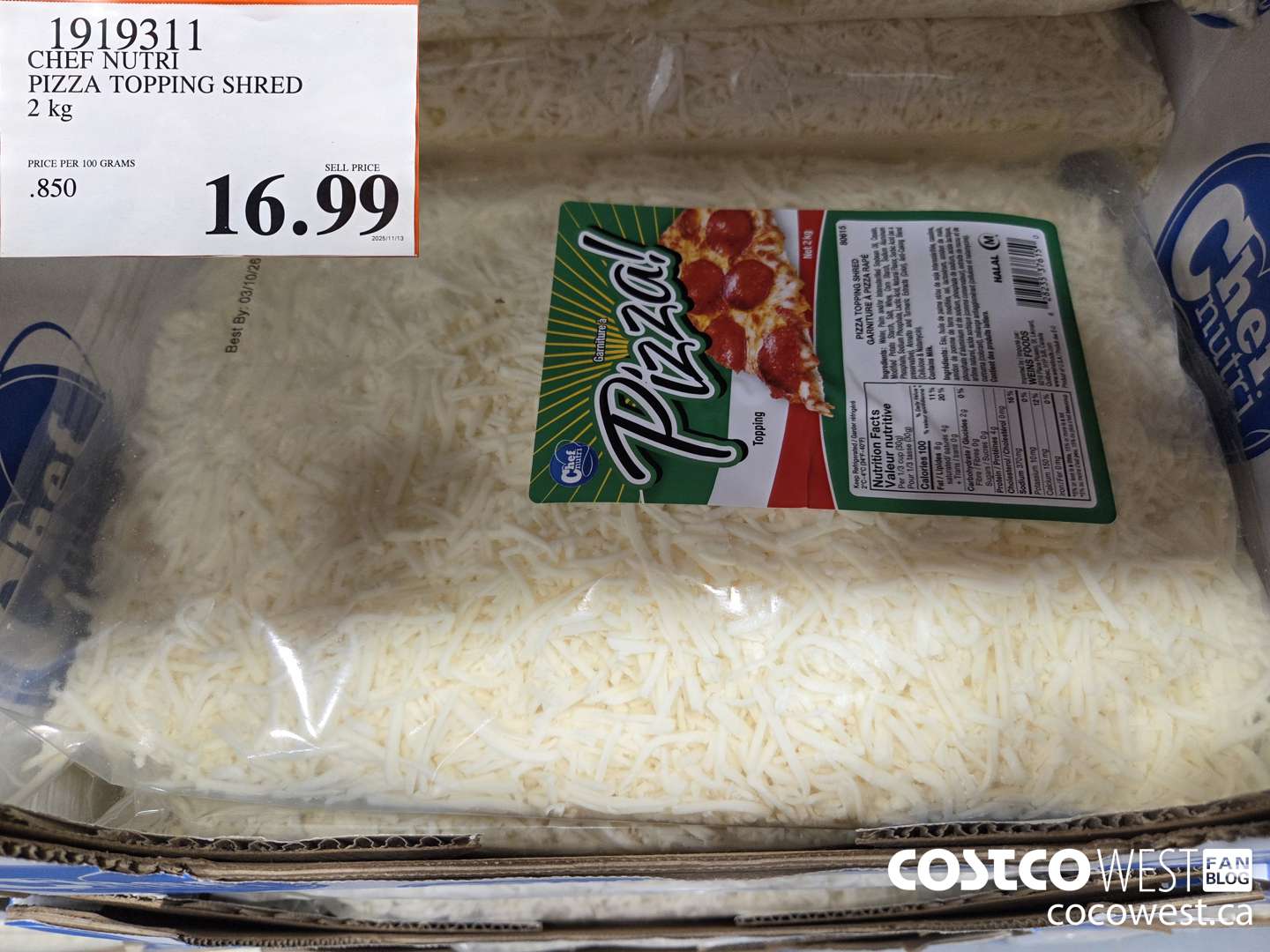 1919311 CHEF NUTRI PIZZA TOPPING SHRED 2 kg $16.99